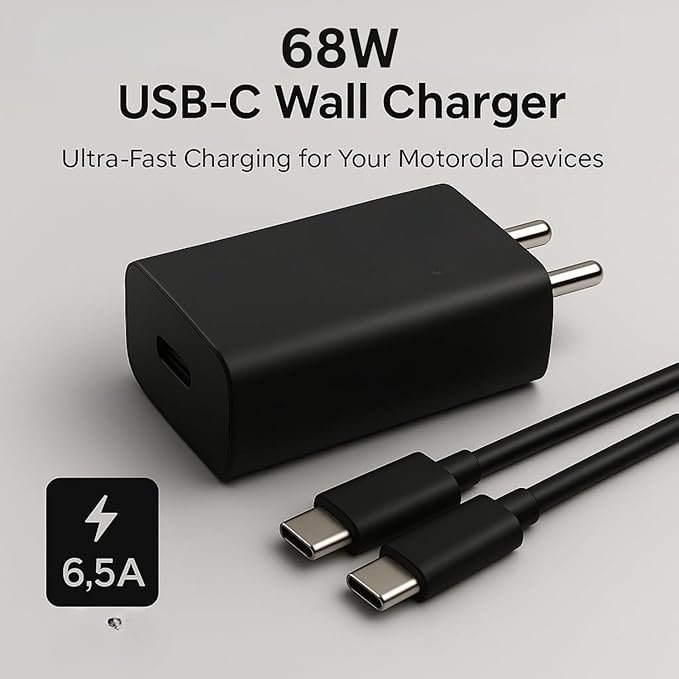 Original 68W Motorola TurboPower Type-C Wall Charger + 1 M 6.5 Amp Cable, Gan Tech, Fastest for Moto Edge 60 Ultra, 60 Pro, 60 Fusion, 50 Ultra, 50 Pro, 50 Fusion, Moto G85, G73, G40, Tablet, Black