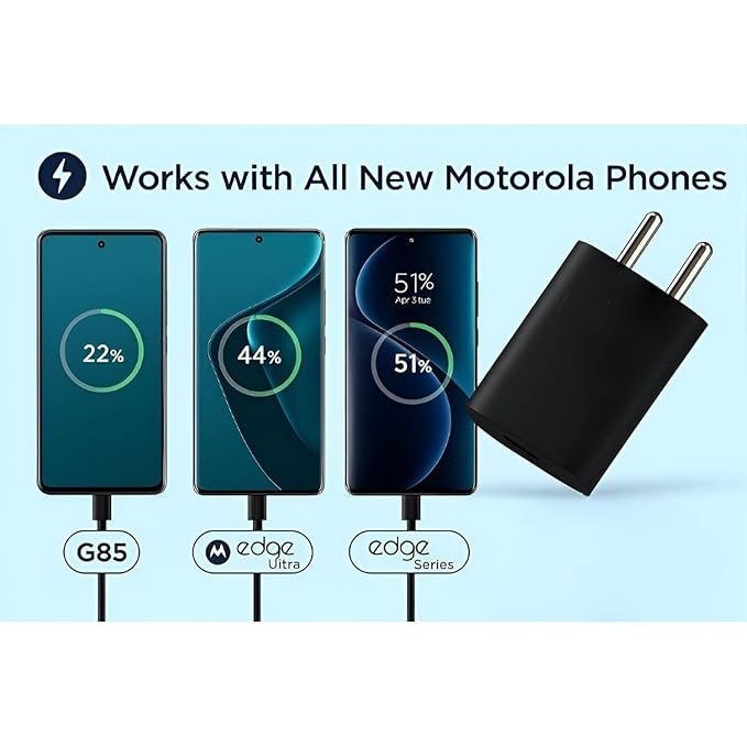 Original 68W Motorola TurboPower Type-C Wall Charger + 1 M 6.5 Amp Cable, Gan Tech, Fastest for Moto Edge 60 Ultra, 60 Pro, 60 Fusion, 50 Ultra, 50 Pro, 50 Fusion, Moto G85, G73, G40, Tablet, Black