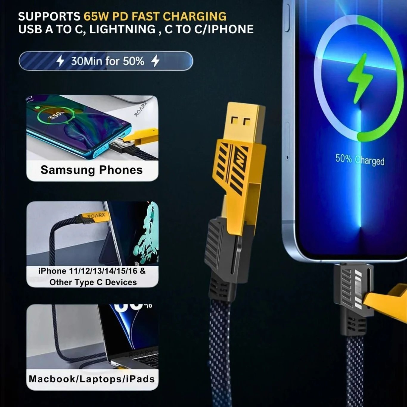 Utmake 4-in-1 USB Type-C Braided Fast Charging Cable 1m – 65W, 13A, MFi Certified, Compatible with Apple & Android (Type-C to C, USB to Lightning, C to Lightning) – Yellow & Black