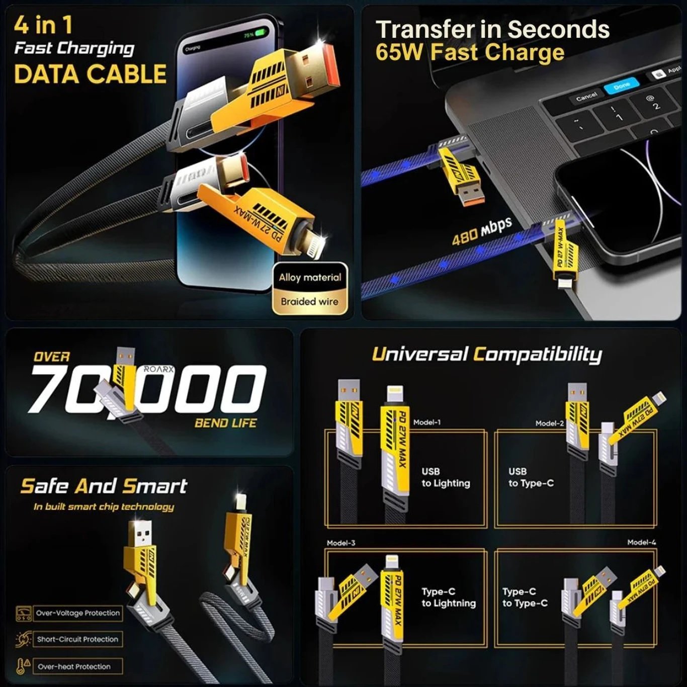 Utmake 4-in-1 USB Type-C Braided Fast Charging Cable 1m – 65W, 13A, MFi Certified, Compatible with Apple & Android (Type-C to C, USB to Lightning, C to Lightning) – Yellow & Black
