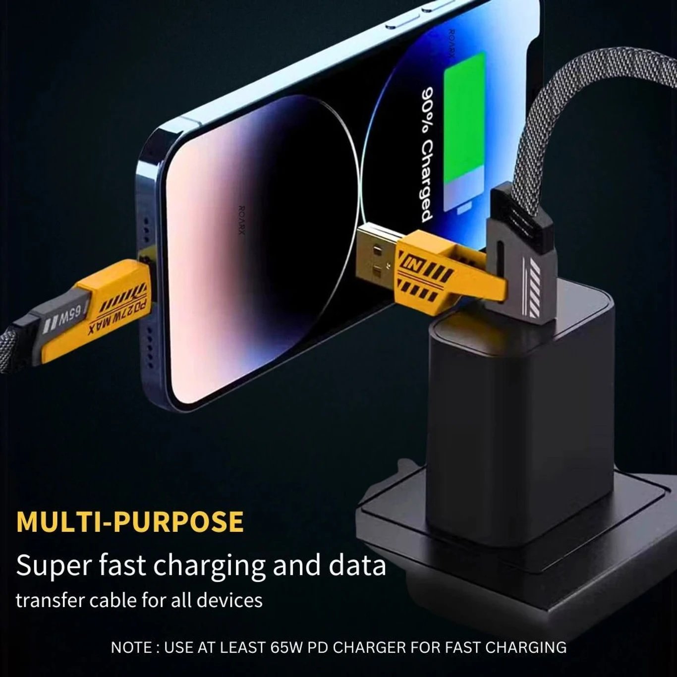 Utmake 4-in-1 USB Type-C Braided Fast Charging Cable 1m – 65W, 13A, MFi Certified, Compatible with Apple & Android (Type-C to C, USB to Lightning, C to Lightning) – Yellow & Black