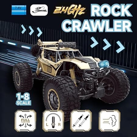 1:8 Scale RC Rock Crawler Car, 4WD Off-Road Remote Control Vehicle with 2.4GHz Transmitter, Rechargeable 7.4V Battery, Die-Cast Metal Body – Full Function for Kids & Adults