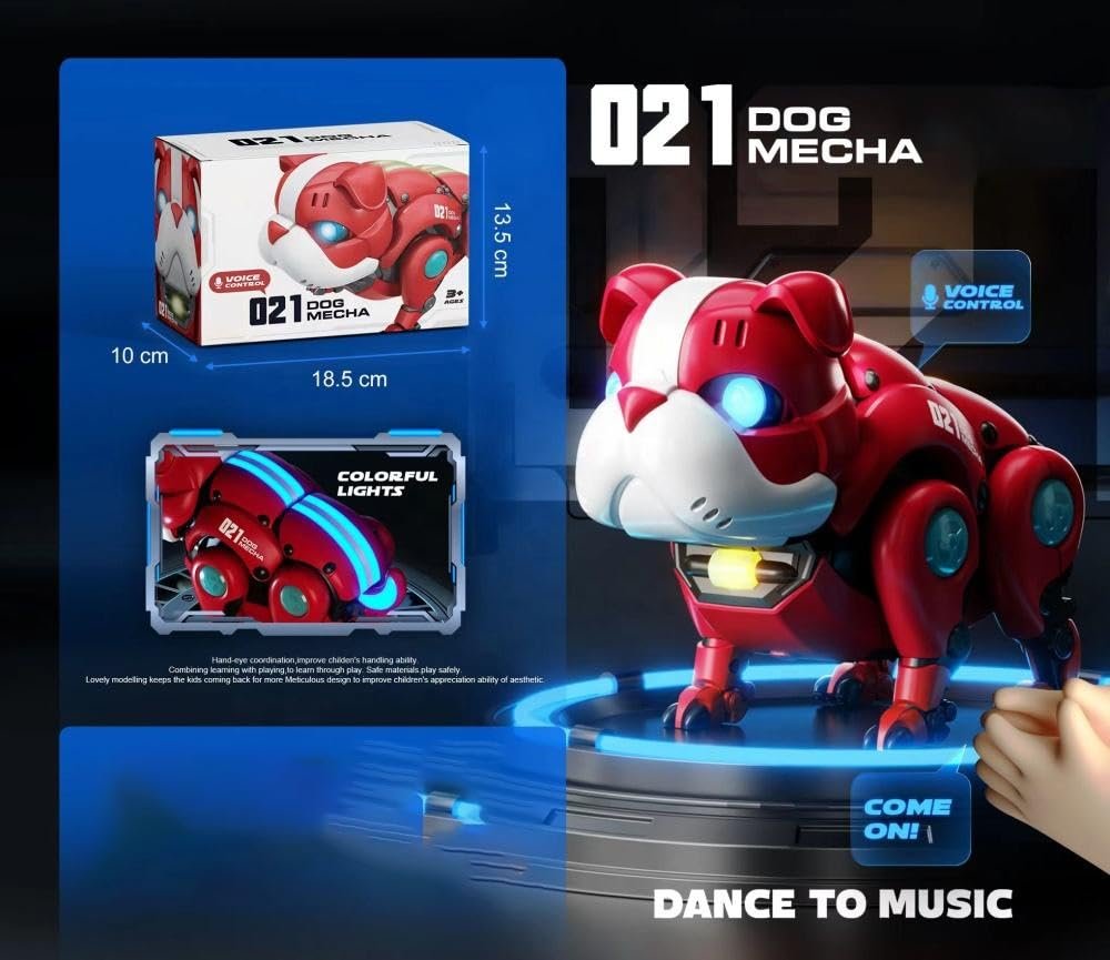 021 Dog Mecha Interactive Robot Dog, AI Voice Control, Remote Control Function, Music & Light Effects, Metallic Red & White, 29x16.5x18.5 cm, Ages 6-16 Years, USB Rechargeable