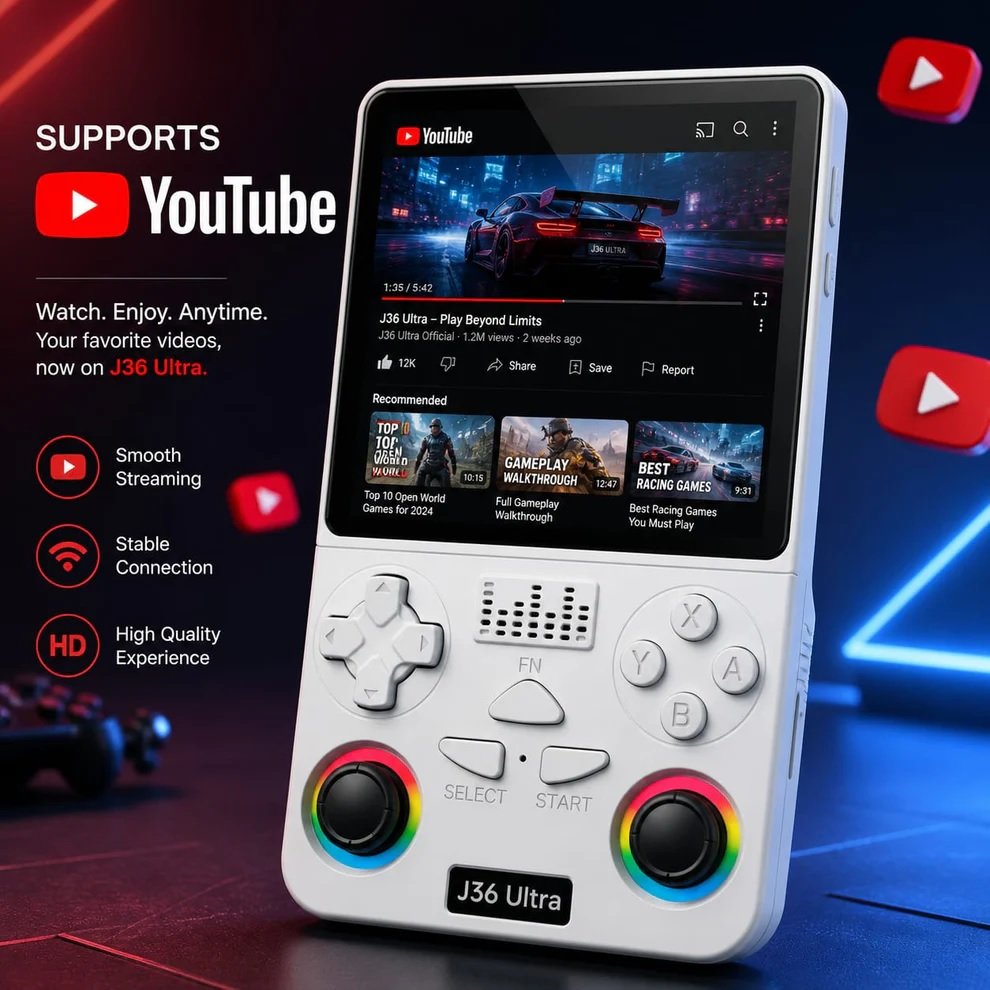 J36 Ultra Handheld Gaming Console, Orange, RGB Dual Joysticks, Portable Retro Game Player Multicolour as per availibility