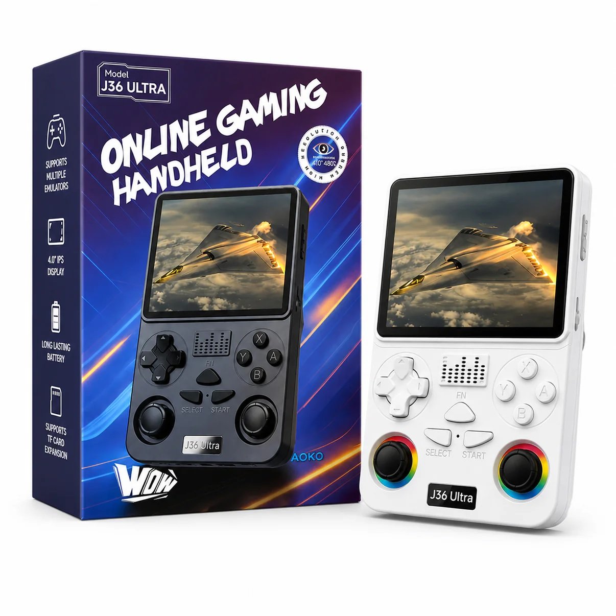 J36 Ultra Handheld Gaming Console, Orange, RGB Dual Joysticks, Portable Retro Game Player Multicolour as per availibility