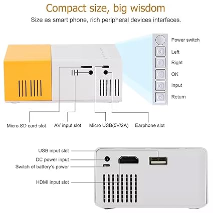 Pro Mini Portable LED Projector – AV, HDMI, USB, Micro SD, Audio | Home Cinema And Kids Film Projector | Compatible with Smartphone, Laptop, PS4,