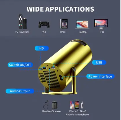 8k Android Projectors hd 1080p Home Theater Mini Laser Screen Outdoor (9000 lm / 1 Speaker / Wireless / Remote Controller) Portable Projector (Gold)