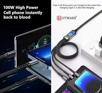 3 in 1 Fast Charging Data Cable, 100W Portable Charger Cord with USB Type-C, Light-ning &amp;amp;amp; Micro-USB for All Phones, Charger Type c Retractable USB Charging Cable (3 In 1)