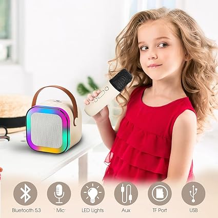 Rechargeable Karaoke Mic with Speaker for Singing | Wireless Mini Portable Bluetooth Speaker with Microphone And LED Lights | Cute Birthday Gift for Kids Musical Toys for Boys, Girls and Adults