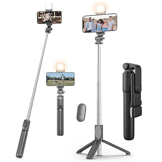 Selfie Stick Tripod Stand, 3 in 1 Multifunctional Design, Rechargable LED Light with Two Brighness Levels for Make up, Selfie And Photo Shoot, Selfie Stick with Bluetooth Remote (70cm with light)