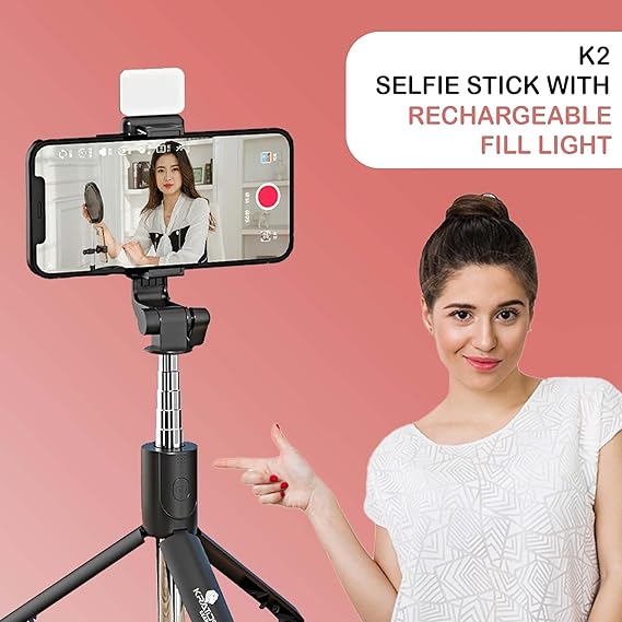 Selfie Stick Tripod Stand, 3 in 1 Multifunctional Design, Rechargable LED Light with Two Brighness Levels for Make up, Selfie And Photo Shoot, Selfie Stick with Bluetooth Remote (70cm with light)