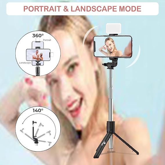 Selfie Stick Tripod Stand, 3 in 1 Multifunctional Design, Rechargable LED Light with Two Brighness Levels for Make up, Selfie And Photo Shoot, Selfie Stick with Bluetooth Remote (70cm with light)