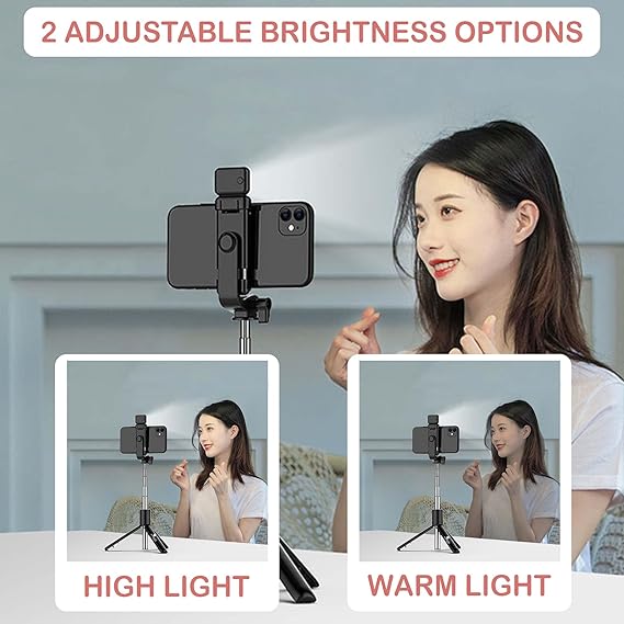 Selfie Stick Tripod Stand, 3 in 1 Multifunctional Design, Rechargable LED Light with Two Brighness Levels for Make up, Selfie And Photo Shoot, Selfie Stick with Bluetooth Remote (70cm with light)