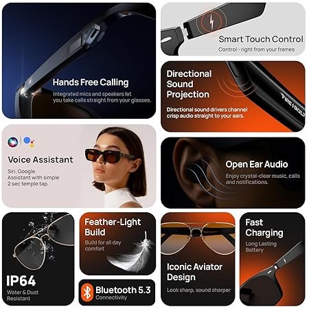 Firee-Booltt Fire-Lens Dune Smart Glasses, Bluetooth Calling And Open-Ear Bluetooth Sunglasses with HD Sound And Smart Audio Touch Controls Voice Assistant (Siri/Alexa/Google), Fast Charging for Men & Women