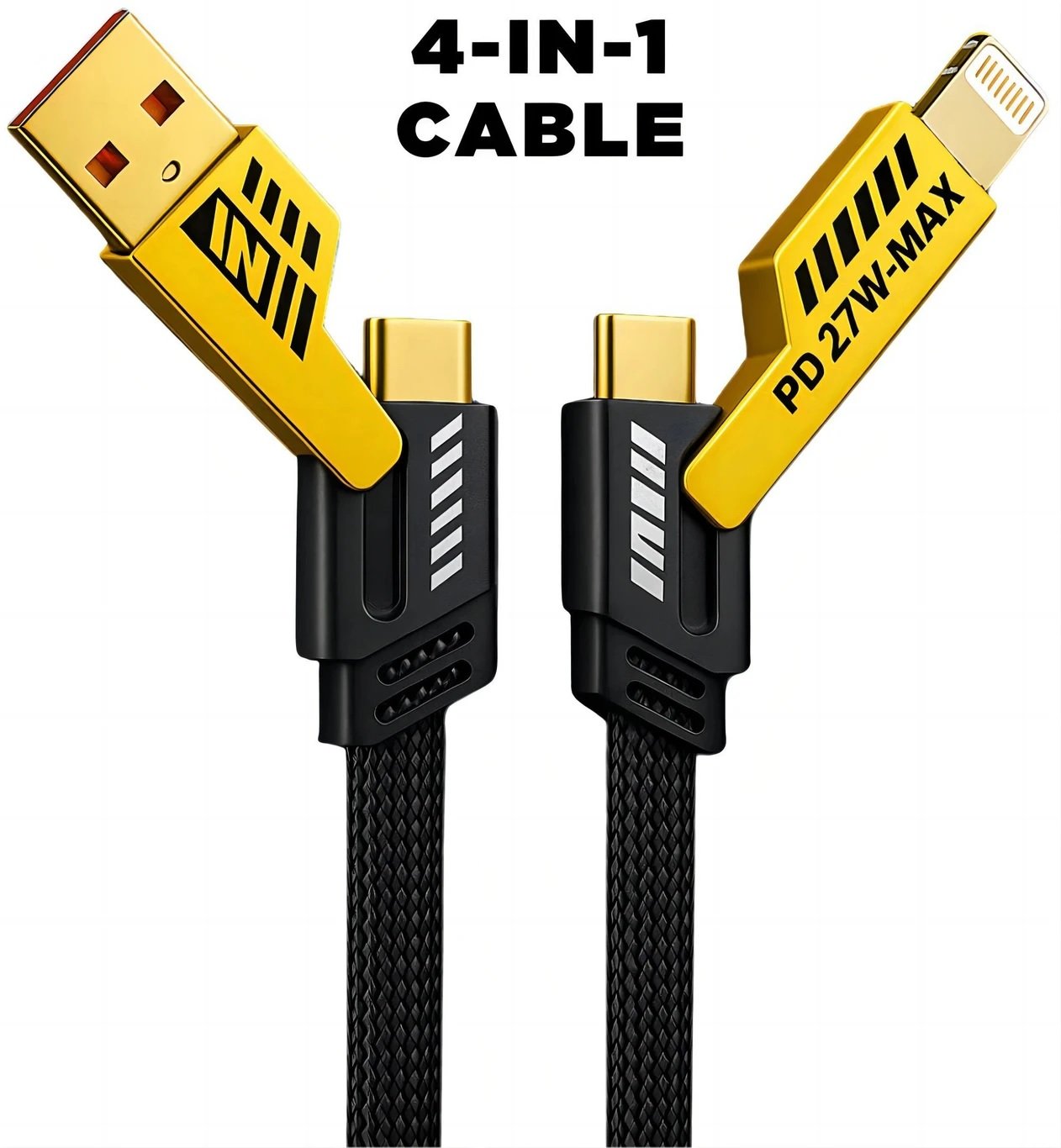 Utmake 4-in-1 USB Type-C Braided Fast Charging Cable 1m – 65W, 13A, MFi Certified, Compatible with Apple & Android (Type-C to C, USB to Lightning, C to Lightning) – Yellow & Black