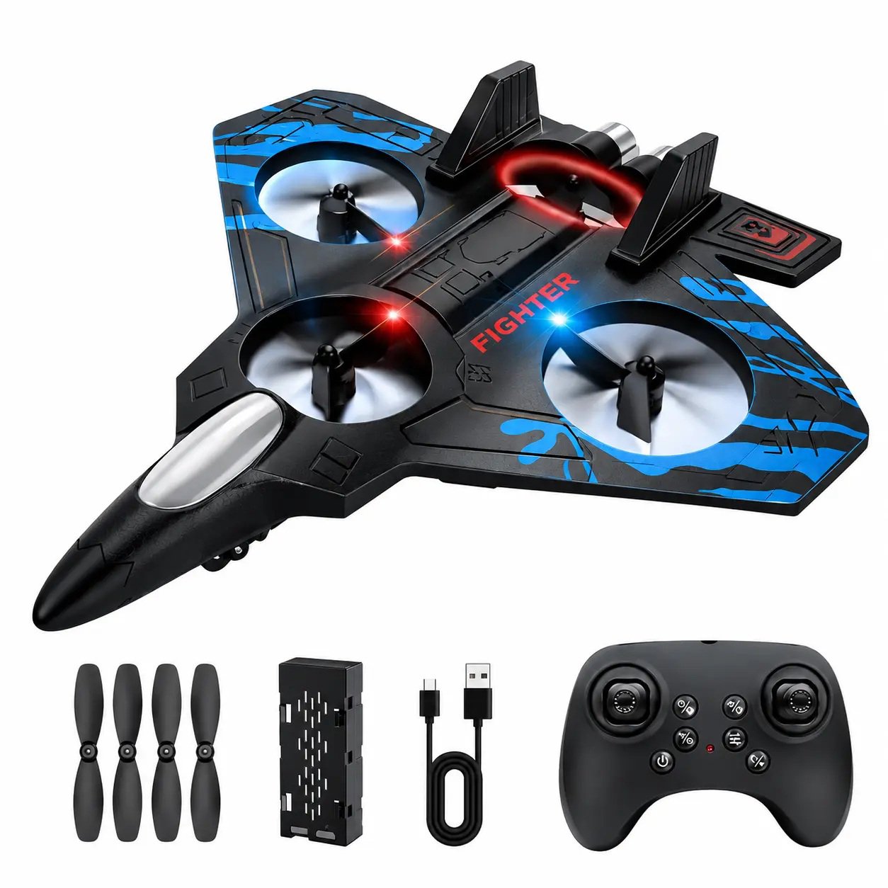 x25 fighter aircraft drone– 2.4GHz RC Flying Plane with LED Lights, 360° Flips, Altitude Hold, Headless Mode, 1 Batteries & Spare Propellers for Kids & Adults (1 Piece)