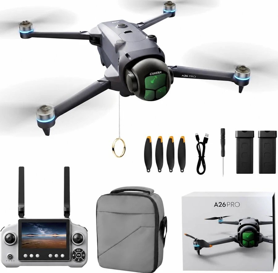 A26 PRO GPS 5G WiFi FPV with 4.5inch LCD Screen Controller 1080P HD Dual Camera Servo Gimbal 360° Obstacle Avoidance One-Key Airdrop Brushless Foldable RC Drone Quadcopter RTF Grey Two Batteries RTF Grey, 2 Batteries